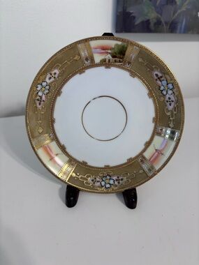 Antique Hand Painted Nippon Saucer Gold Moriage Enamel Floral Scenic Japan boat
